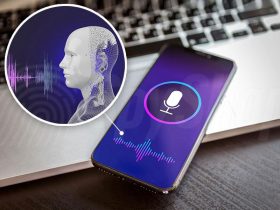 phone sits on silver maptop with deepfake voice technology enabled