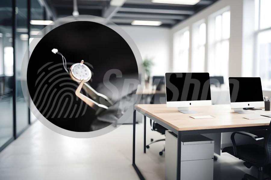 Office, right, desk with monitors. In the smaller illustration, a wiretap hidden in a watch.