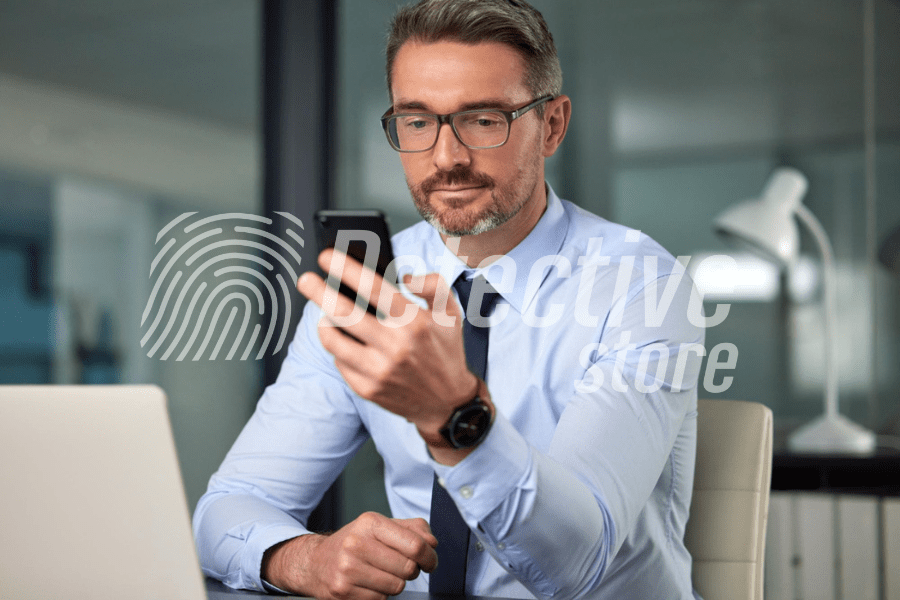 A man wearing glasses, a light blue shirt and a black tie sits at a desk. In his left hand he holds a smartphone, which he is looking at. In front of him is an open laptop.