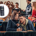 University students in a lecture hall, with a highlighted voice recorder, illustrating the best recording devices for capturing lectures and study notes.