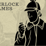 A retro-style graphic showing the silhouette of a detective wearing a hunting cap and holding a pipe. Two figures engaged in conversation can be seen in the background.