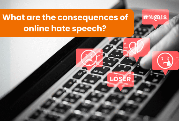 A person is typing on a laptop keyboard, and symbols expressing online hate appear on the screen, such as offensive comments, sadness or anger.
