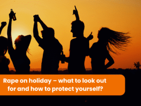 Silhouettes of people dancing with bottles in their hands against the backdrop of the setting sun. At the bottom, the caption reads: ‘Rape on holiday – what to look out for, how to protect yourself?’