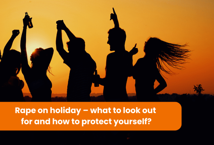 Silhouettes of people dancing with bottles in their hands against the backdrop of the setting sun. At the bottom, the caption reads: ‘Rape on holiday – what to look out for, how to protect yourself?’