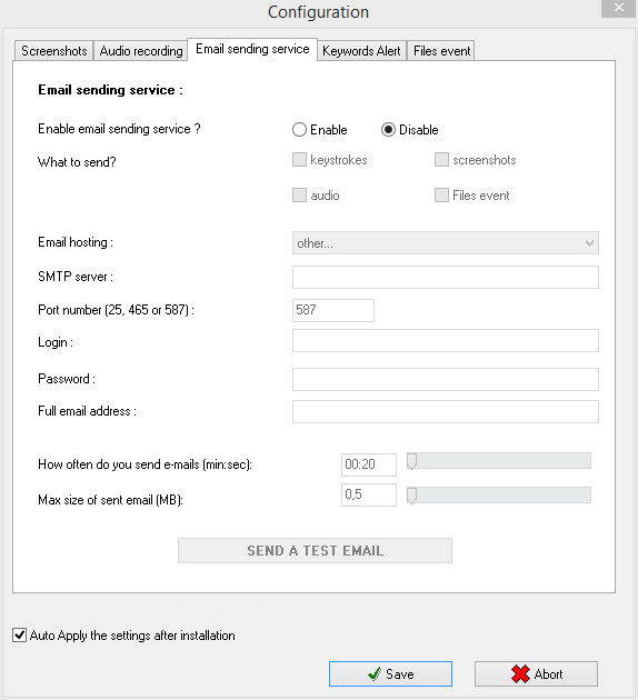 E-mail options configuration